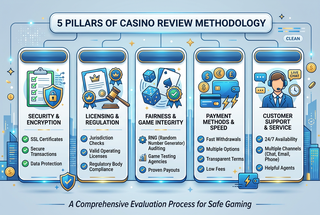 Infographic style image showing the 5 pillars of casino review methodology checklist icons security license payments professional modern